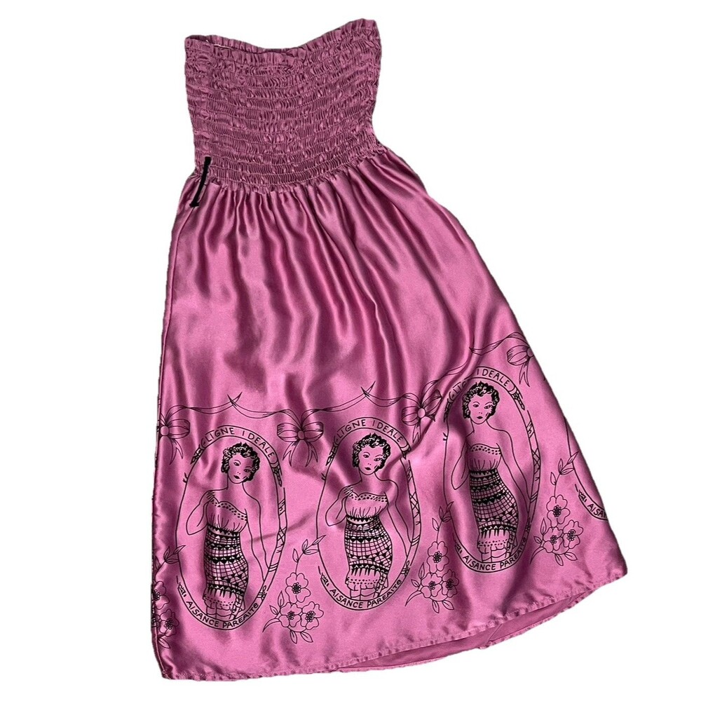 Voom by Joy Han Pink Silk Smocked Pin Up Graphic Print Mini Dress VTG USA Made S